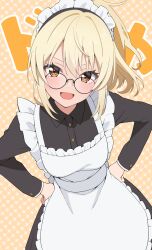 1girl :d absurdres apron black-framed_eyewear black_dress blonde_hair blush collared_dress commentary_request daito_(daitooekakiaka) dress glasses hands_on_own_hips highres long_sleeves love_live! love_live!_nijigasaki_high_school_idol_club love_live!_nijigasaki_high_school_idol_club_next_sky maid maid_apron maid_headdress medium_hair miyashita_ai open_mouth orange_background orange_eyes ponytail sidelocks smile solo