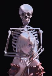 Rule 34 | 1girl, absurdres, behind another, black background, collarbone, commentary, dress, empty eyes, expressionless, flower, flower request, grey eyes, grey hair, hair over one eye, hand on another&#039;s face, hand up, height difference, highres, holding, holding flower, isekai joucho, kamitsubaki studio, looking at viewer, multicolored hair, off-shoulder dress, off shoulder, one eye covered, parted lips, puffy short sleeves, puffy sleeves, red dress, red hair, short sleeves, sidelighting, simple background, skeleton, straight-on, streaked hair, suzukasuraimu, upper body, virtual youtuber, white flower