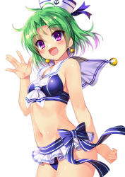 Rule 34 | 1girl, antenna hair, arm at side, bell, bikini, blue bikini, blush, bucchake (asami), commentary request, cowboy shot, earrings, from side, green hair, hand up, hat, jewelry, looking at viewer, medium hair, navel, neckerchief, open mouth, parted bangs, purple eyes, sailor collar, sailor hat, salute, sengoku otome, slingshot swimsuit, solo, standing, swimsuit, white background