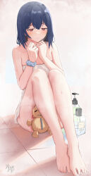 Rule 34 | 1girl, absurdres, blue hair, blush, bottle, clenched hands, convenient censoring, dark blue hair, flat chest, highres, idolmaster, idolmaster shiny colors, knees up, light smile, looking at viewer, m xy, m xy, morino rinze, naked towel, red eyes, scrunchie, signature, sitting, solo, steam, tile floor, tiles, toes, towel, water drop, white towel, wrist scrunchie