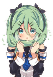 Rule 34 | 10s, 1girl, :o, alternate hairstyle, aqua eyes, black ribbon, blue neckerchief, blush, breasts, breath, clenched hands, detached sleeves, green hair, hair between eyes, hair ornament, hair ribbon, hair scarf, hairclip, hands up, heart, highres, kantai collection, long hair, looking at viewer, medium breasts, neckerchief, ribbon, sailor collar, simple background, solo, strap slip, suzuki toto, twintails, upper body, white background, yamakaze (kancolle)