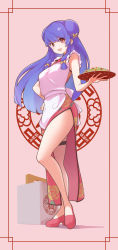 Rule 34 | 1girl, absurdres, butterfly hair ornament, china dress, chinese clothes, double bun, dress, full body, hair bobbles, hair bun, hair ornament, highres, holding, holding plate, itou kazuki, legs, long hair, open mouth, plate, purple hair, ranma 1/2, red eyes, rice, shampoo (ranma 1/2), side slit, sidelocks, solo, standing, teeth