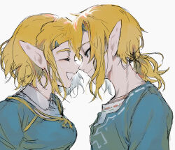 Rule 34 | 1boy, 1girl, blonde hair, blue eyes, blue shirt, champion&#039;s tunic (zelda), closed eyes, face-to-face, forehead-to-forehead, from side, grey background, hair ornament, hairclip, heads together, hetero, highres, holding hands, interlocked fingers, link, long sleeves, medium hair, messy hair, nintendo, open mouth, pointy ears, ponytail, princess zelda, shirt, short hair, simple background, smile, suechimu, the legend of zelda, the legend of zelda: tears of the kingdom, upper body