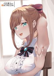 Rule 34 | 1girl, :d, absurdres, arm behind head, armpits, black bow, black bowtie, blue eyes, blush, bow, bowtie, breasts, brown hair, center frills, collared shirt, covered erect nipples, frills, from side, highres, lo xueming, looking at viewer, medium breasts, nail polish, nijisanji, open mouth, pink nails, ponytail, presenting armpit, shirt, sidelocks, sleeveless, sleeveless shirt, smile, solo, suzuhara lulu, suzuhara lulu (1st costume), swept bangs, upper body, v, virtual youtuber, white shirt