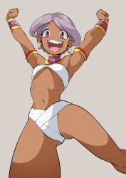 Rule 34 | 1girl, armlet, arms up, bare legs, bracelet, breasts, brown background, commentary request, cosplay, cowboy shot, dark skin, dark-skinned female, earrings, elena (street fighter), elena (street fighter) (cosplay), eyeshadow, feet out of frame, highres, hoop earrings, jewelry, little witch academia, looking at viewer, makeup, midriff, open mouth, popopo, purple hair, red eyes, ribs, sharp teeth, short hair, simple background, smile, solo, street fighter, sucy manbavaran, teeth, underboob