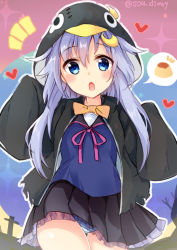 Rule 34 | 1girl, animal hood, black jacket, black sailor collar, black skirt, blue eyes, blue hair, blue shirt, blush, commentary request, crescent, crescent hair ornament, food, hair between eyes, hair flaps, hair ornament, halloween, heart, hood, hood up, hooded jacket, jacket, kantai collection, long hair, long sleeves, looking at viewer, neck ribbon, notice lines, open clothes, open jacket, open mouth, panties, penguin hood, pink ribbon, pleated skirt, pudding, ribbon, sailor collar, school uniform, serafuku, shirt, skirt, sleeves past fingers, sleeves past wrists, solo, sou (soutennkouchi), sparkle, spoken food, stitches, striped clothes, striped panties, teardrop, thigh gap, torn clothes, torn jacket, twitter username, underwear, very long hair, yayoi (kancolle)