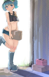 Rule 34 | 1girl, bad id, bad pixiv id, blue eyes, blue hair, boots, box, breasts, carrying, crows-bmc, denim, denim shorts, groin, hair bobbles, hair ornament, highres, jewelry, kawashiro nitori, key, matching hair/eyes, midriff, navel, necklace, pendant, short shorts, shorts, solo, tank top, touhou, twintails, two side up, underboob