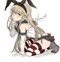 Rule 34 | 1girl, bare shoulders, black panties, blonde hair, elbow gloves, gloves, grey eyes, hair between eyes, hairband, highres, hiranko, kantai collection, kneeling, long hair, microskirt, panties, shimakaze (kancolle), sketch, skirt, solo, striped clothes, striped thighhighs, thighhighs, underwear, very long hair, white gloves