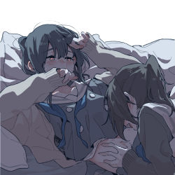 Rule 34 | 2girls, arms up, bad id, bad twitter id, bed sheet, beige cardigan, black hair, blue neckerchief, blush, brown eyes, buttons, cardigan, collarbone, commentary request, embarrassed, from behind, grey cardigan, grey hair, hair between eyes, hand on another&#039;s stomach, hibike! euphonium, kasaki nozomi, kitauji high school uniform, liz to aoi tori, long hair, long sleeves, looking at another, lying, midriff, multiple girls, neckerchief, nose blush, on back, open mouth, pillow, ponytail, ree (re-19), sailor collar, school uniform, serafuku, short ponytail, sidelocks, simple background, sleeves past wrists, stomach, white background, white sailor collar, yoroizuka mizore, yuri