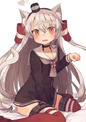 Rule 34 | 10s, 1girl, amatsukaze (kancolle), animal ear fluff, animal ears, blush, brown eyes, cat ears, cat tail, dress, garter straps, hairband, kantai collection, kemonomimi mode, long hair, open mouth, sailor dress, shugao, silver hair, solo, striped clothes, striped thighhighs, tail, thighhighs, two side up, very long hair