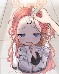 Rule 34 | blue archive, blue eyes, blush, braid, coat, commentary, eyebrows, forehead, forehead writing, halo, hand on own face, highres, long hair, long sleeves, looking at viewer, looking up, marker, open mouth, orange hair, pocket, pov, shipi (qlenf0715), solo focus, tearing up, trembling, wavy mouth, white coat, yuzu (blue archive)