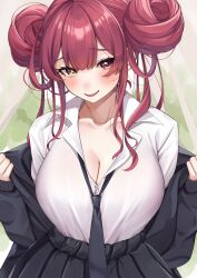 Rule 34 | 1girl, blush, breast focus, breasts, cleavage, close-up, heterochromia, highres, hololive, houshou marine, large breasts, long hair, looking at viewer, necktie, open mouth, red eyes, red hair, school uniform, smile, smug, solo, tarou (komekueyo), upper body, virtual youtuber, yellow eyes