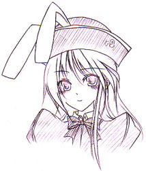 Rule 34 | 00s, 1boy, animal ears, blush, bow, bowtie, collar, happiness!, hat, kat sirius, long hair, looking at viewer, lowres, male focus, monochrome, portrait, rabbit ears, simple background, smile, solo, trap, upper body, watarase jun, white background