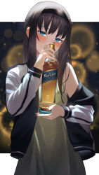 Rule 34 | 1girl, absurdres, alcohol, backlighting, black hair, black nails, blue eyes, blush, bocchi the rock!, bottle, brand name imitation, commission, cosplay, dress, fingernails, green dress, hairband, highres, hiroi kikuri, hiroi kikuri (cosplay), holding, holding bottle, jacket, johnnie walker, long hair, long sleeves, looking at viewer, multicolored clothes, multicolored jacket, off shoulder, open clothes, open jacket, outside border, pixiv commission, sidelocks, skymax, solo, standing, tohno akiha, track jacket, tsukihime, two-tone jacket, whiskey