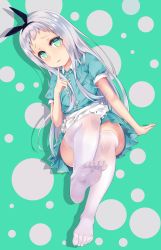 Rule 34 | 1boy, :3, :d, absurdres, apron, arm at side, black bow, black hairband, blend s, bow, braid, buttons, center frills, collared shirt, commentary request, feet, finger to mouth, fingernails, frilled apron, frills, full body, green eyes, green shirt, green skirt, hair bow, hairband, hand to own mouth, highres, kanzaki hideri, legs, long fingernails, long hair, looking at viewer, maid apron, male focus, mikawa sansen, no shoes, open mouth, pleated skirt, puffy short sleeves, puffy sleeves, see-through, shirt, short eyebrows, short sleeves, silver hair, sitting, skirt, smile, soles, stile uniform, straight hair, thighhighs, toes, trap, white apron, white thighhighs