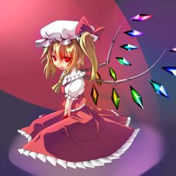 Rule 34 | 1girl, ascot, blonde hair, blood, bow, crystal, fang, female focus, flandre scarlet, hat, hat bow, highres, puffy sleeves, red eyes, short hair, short sleeves, side ponytail, sitting, solo, tongue, touhou, unomi, wings