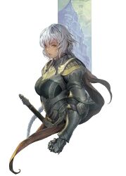 Rule 34 | 1girl, armor, armored gloves, braid, breasts, fantasy, grey hair, highres, homare (fool&#039;s art), knight, lips, looking at viewer, original, parted lips, solo, sword, weapon, white background, yellow eyes