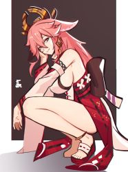 Rule 34 | animal ears, breasts, detached sleeves, distr, from side, full body, genshin impact, grin, head rest, highres, japanese clothes, kimono, large breasts, long hair, long sleeves, looking at viewer, looking to the side, obi, pink hair, purple hair, sandals, sash, sideboob, signature, smile, squatting, wide sleeves, yae miko