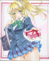 Rule 34 | 1girl, :o, artist request, ayase eli, bag, blonde hair, blue cardigan, blue eyes, blue jacket, blue skirt, blush, bow, bowtie, box, breasts, cardigan, carrying bag, checkered clothes, checkered skirt, collared shirt, female focus, gift, gift box, green bow, hair between eyes, hair ornament, hair scrunchie, holding, holding bag, holding gift, jacket, long hair, long sleeves, looking at viewer, love live!, love live! school idol project, medium breasts, otonokizaka school uniform, parted lips, pleated skirt, ponytail, school bag, school uniform, scrunchie, shirt, short sleeves, skirt, smile, solo, striped, striped bow, suzune koto, white scrunchie, white shirt