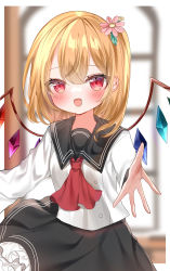 Rule 34 | 1girl, absurdres, alternate costume, ascot, black sailor collar, black skirt, blonde hair, blurry, blurry background, blush, breasts, commentary request, cowboy shot, flandre scarlet, flower, hair between eyes, hair flower, hair ornament, highres, indoors, long sleeves, looking at viewer, medium hair, multicolored wings, no headwear, okome2028, open mouth, outstretched hand, pink flower, red ascot, red eyes, sailor collar, sailor shirt, school uniform, serafuku, shirt, skirt, small breasts, solo, touhou, window, wings