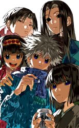 Rule 34 | 1girl, 4boys, absurdres, alluka zoldyck, black eyes, black hair, blue eyes, blue scarf, blue sweater, blunt bangs, bob cut, closed mouth, frown, hairband, hand on another&#039;s shoulder, hand up, highres, holding, hunter x hunter, illumi zoldyck, kalluto zoldyck, killua zoldyck, long hair, milluki zoldyck, mole, mole under mouth, multiple boys, open mouth, scarf, simple background, spiked hair, sweater, teeth, upper teeth only, white background, white hair, xi luo an ya