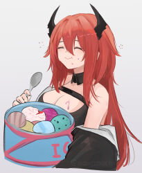 Rule 34 | 1girl, :t, absurdres, arknights, bare shoulders, black hair, black jacket, blush, breasts, chewing, cleavage, cleavage cutout, closed eyes, clothing cutout, commentary, cropped legs, demon girl, demon horns, detached collar, eating, food, food on body, food on breasts, food on face, happy, highres, holding, holding spoon, horns, ice cream, ice cream tub, jacket, large breasts, long hair, open clothes, open jacket, red hair, sidelocks, smile, solo, spoon, surtr (arknights), wawamachi (wawamachis)