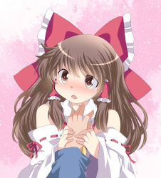 Rule 34 | 1girl, ascot, bad id, bad pixiv id, blush, bow, brown eyes, brown hair, detached sleeves, female focus, hair bow, hair tubes, hakurei reimu, hammer (sunset beach), hand grab, holding another&#039;s wrist, long hair, long sleeves, looking at viewer, open mouth, pov, shirt, solo focus, touhou, wide sleeves