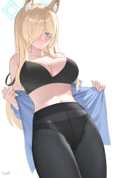 Rule 34 | 1girl, absurdres, animal ears, artist name, black bra, blonde hair, blue archive, blue eyes, blue halo, blue shirt, blush, bra, breasts, cleavage, closed mouth, cowboy shot, hair over one eye, halo, highres, kanna (blue archive), large breasts, long hair, navel, open clothes, open shirt, shirt, signature, simple background, solo, tomid, underwear, white background