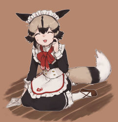Rule 34 | 1girl, ^ ^, african wild dog (kemono friends), alternate costume, animal ears, apron, black dress, black hair, bow, bowtie, brown hair, closed eyes, dog ears, dog girl, dog tail, dress, enmaided, facing viewer, finger to cheek, flustered, frilled apron, frilled dress, frills, full body, hair between eyes, hand up, kemono friends, light brown hair, long sleeves, maid, maid apron, maid headdress, medium hair, multicolored hair, open mouth, rumenia (ao2is), scratching cheek, shoes, sitting, smile, socks, solo, tail, two-tone hair, waist apron, wariza, white apron