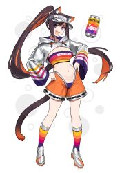 Rule 34 | 1girl, absurdres, animal ear fluff, animal ears, bandeau, breasts, brown hair, can, cat ears, cat girl, cat tail, cleats, cleavage, colored inner hair, extra ears, fang, full body, hands on own hips, highres, hood, hood down, long hair, long sleeves, multicolored hair, multicolored socks, navel, open mouth, orange hair, orange shorts, original, personification, product placement, purple eyes, shoes, shorts, shrug (clothing), sidelocks, simple background, small breasts, smile, sneakers, socks, solo, spezi, strapless, tail, tube top, two-tone hair, vertigris, very long hair, visor cap, white background