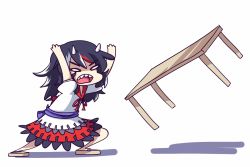 Rule 34 | 1girl, angry, animated, animated gif, arms up, black hair, daigada, full body, furious, horns, kijin seija, multicolored hair, open mouth, sash, shaking, simple background, skirt, solo, streaked hair, table, table flip, teeth, touhou, upper teeth only, white background