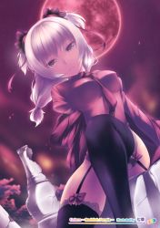 Rule 34 | 1girl, absurdres, black thighhighs, from below, full moon, garter straps, hair ribbon, highres, jacket, lace, lace-trimmed legwear, lace legwear, lace trim, long hair, looking at viewer, moon, nanakusa, necktie, no pants, original, red moon, red sky, ribbon, sitting, sky, solo, thighhighs, two side up, white hair, yellow eyes