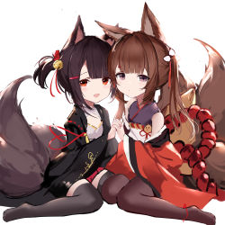 Rule 34 | 2girls, absurdres, akagi-chan (azur lane), amagi-chan (azur lane), an yasuri, animal ears, azur lane, bell, black pantyhose, blunt bangs, blush, brown hair, fox ears, fox tail, hair bell, hair ornament, hair ribbon, hairclip, highres, holding hands, japanese clothes, kimono, kitsune, kyuubi, long hair, multiple girls, multiple tails, off shoulder, open mouth, pantyhose, red eyes, ribbon, sidelocks, simple background, tail, thighhighs, twintails, white background, wide sleeves