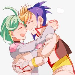 Rule 34 | 1boy, 1girl, ahoge, blonde hair, blue hair, closed eyes, dyed bangs, earrings, forehead-to-forehead, gloves, green hair, grin, heads together, hetero, hug, jewelry, jumpsuit, multicolored hair, parupin, rin (yu-gi-oh!), simple background, smile, two-tone hair, yu-gi-oh!, yu-gi-oh! arc-v, yugo (yuu-gi-ou arc-v), yuugo (yu-gi-oh!)