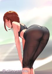 Rule 34 | 1girl, akisa yositake, ass, bare shoulders, bent over, black pants, blurry, blurry background, commentary request, day, depth of field, from behind, hands on own knees, original, outdoors, pants, red hair, short hair, solo, sports bra, sweat, tight clothes, tight pants, twitter username, wet, yoga pants
