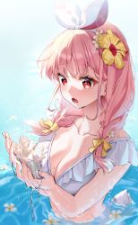 Rule 34 | 1girl, atelier live, bikini, blurry, blurry background, bow, braid, breasts, cleavage, commentary request, conch, depth of field, flower, flower on liquid, frilled bikini, frills, hair bow, hair flower, hair ornament, hair over shoulder, hairband, highres, holding, long hair, low twintails, medium breasts, mole, mole on breast, open mouth, pink hair, pinku (vtuber), rabbit tail, red eyes, ribbon, rosuuri, short tail, striped, striped bow, swimsuit, tail, twin braids, twintails, upper body, virtual youtuber, water, water drop, watermark, white bikini, white flower, white hairband, white ribbon, yellow bow