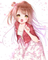 Rule 34 | 10s, 1girl, :d, blush, cherry blossoms, collarbone, commentary request, floral print, flower, flower necklace, grey hair, hair flower, hair ornament, highres, jacket, jewelry, kishikino, leaning forward, long hair, looking at viewer, love live!, love live! school idol festival, love live! school idol project, minami kotori, necklace, one side up, open mouth, petals, print skirt, red jacket, shirt, skirt, smile, solo, white shirt, yellow eyes