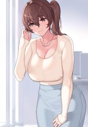 Rule 34 | 1girl, alternate costume, blouse, breasts, brown eyes, brown hair, casual, cleavage, collarbone, commentary, computer, computer tower, cowboy shot, franham, hand on thigh, hand up, highres, indoors, jewelry, kaga (kancolle), kantai collection, large breasts, long hair, long sleeves, looking at viewer, monitor, mouse (computer), necklace, ring, shirt, side ponytail, skirt, smile, solo, window