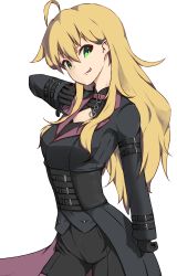Rule 34 | 1girl, 39degrees, :p, ahoge, black coat, black gloves, black pants, blonde hair, cleavage cutout, clothing cutout, coat, cowboy shot, eyebrows hidden by hair, gloves, green eyes, hair between eyes, highres, hoshii miki, idolmaster, idolmaster (classic), long hair, looking at viewer, pants, simple background, solo, standing, straight hair, thumbs down, tongue, tongue out, underbust, waist cape, white background