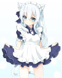 Rule 34 | 10s, 1girl, alternate costume, animal ears, apron, blue eyes, cat ears, cat tail, clothes lift, enmaided, frills, hair ornament, hair ribbon, heart, heart-shaped pupils, hibiki (kancolle), kantai collection, kemonomimi mode, long hair, maid, maid apron, maid headdress, rateratte, ribbon, short sleeves, silver hair, simple background, skirt, skirt lift, solo, symbol-shaped pupils, tail, white background