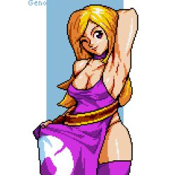 Rule 34 | 1girl, arm behind head, armpits, bare shoulders, blonde hair, breasts, cleavage, dress, fatal fury, fingerless gloves, garou: mark of the wolves, geno cl, gloves, jenet behrn, large breasts, long hair, looking to the side, one eye closed, pixel art, purple eyes, smile, the king of fighters, thighhighs, thighs, wink