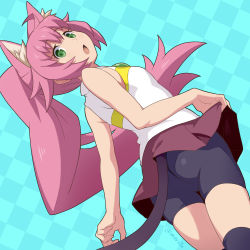 Rule 34 | 10s, 1girl, animal ears, ass, bare arms, bare shoulders, bike shorts, black thighhighs, blue background, cat ears, cat girl, cat tail, checkered background, clothes lift, from behind, green eyes, gundam, gundam build divers, lifted by self, long hair, looking back, maruto!, miniskirt, momo (gundam build divers), open mouth, pink hair, ponytail, red skirt, shirt, shorts, shorts under skirt, skirt, skirt lift, sleeveless, sleeveless shirt, solo, tail, thighhighs, thighs, very long hair, white shirt, yashiro momoka