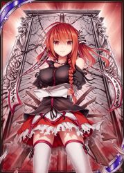Rule 34 | 1girl, akkijin, braid, card (medium), cowboy shot, crossed arms, from below, gate, gloves, gluteal fold, japanese clothes, jewelry, looking at viewer, necklace, orange eyes, orange hair, shinkai no valkyrie, standing, thighhighs, white gloves, white thighhighs