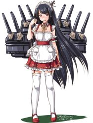Rule 34 | 10s, 1girl, alternate costume, apron, arm garter, black hair, blush, cannon, enmaided, full body, fusou (kancolle), garter straps, hair ornament, japanese clothes, kantai collection, long hair, looking at viewer, maid, maid apron, maid headdress, miniskirt, open mouth, red eyes, rigging, simple background, skirt, solo, standing, tatsumi ray, thighhighs, turret, twitter username, very long hair, waist apron, white background, white thighhighs