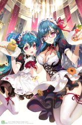 Rule 34 | 2girls, apron, blue hair, blush, breasts, checkerboard cookie, cleavage, cookie, fang, food, large breasts, long hair, looking at viewer, maid, maid apron, maid headdress, multiple girls, open mouth, original, pink eyes, red eyes, siblings, sisters, smile, thighhighs, tob, tray, twintails, wafer stick, white legwear