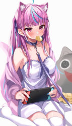Rule 34 | 1girl, ahoge, animal ears, bare shoulders, blue hair, blue nails, blunt bangs, blush, cat ears, chips (food), collar, dress, food, food in mouth, frilled dress, frills, game console, hair ornament, handheld game console, highres, holding, hololive, leash, long sleeves, looking at viewer, minato aqua, moonbell, mouth hold, multicolored hair, nail polish, off shoulder, pink eyes, pink hair, potato chips, purple collar, purple ribbon, ribbon, sitting, sleeves past wrists, solo, strapless, strapless dress, streaked hair, stuffed toy, thighhighs, twintails, virtual youtuber, wariza, white thighhighs, x hair ornament, zettai ryouiki