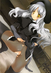 Rule 34 | 00s, 1girl, caren hortensia, censored, fate/hollow ataraxia, fate/stay night, fate (series), hat, highres, layered sleeves, pantyhose, pussy, silver hair, solo, splush wave, yellow eyes