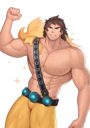 Rule 34 | 1boy, abs, absurdres, bara, bare pectorals, brown eyes, brown hair, bulge, fate/grand order, fate (series), flexing, highres, large pectorals, male focus, mikicat, muscular, nipples, pectorals, short hair, solo, super orion (fate), thick eyebrows, thick thighs, thighs, topless male, upper body, x