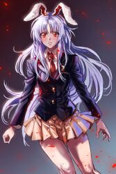 Rule 34 | 1girl, absurdres, animal ears, black jacket, blazer, buttons, collared shirt, commentary request, cowboy shot, highres, jacket, kuya (hey36253625), light purple hair, long hair, long sleeves, necktie, parted lips, pink skirt, pleated skirt, purple hair, rabbit ears, rabbit girl, red eyes, red necktie, reisen udongein inaba, shirt, skirt, solo, touhou, very long hair, white shirt
