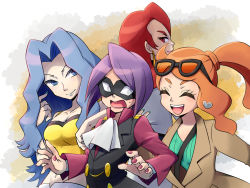 Rule 34 | 1boy, 3girls, aqua nails, ariana (pokemon), ascot, blue eyes, blue hair, brown jacket, buttons, closed eyes, closed mouth, commentary request, creatures (company), double-breasted, embarrassed, eye mask, eyewear on head, fingernails, game freak, glasses, hand on another&#039;s back, highres, hiichi (hnt1aa), jacket, karen (pokemon), lipstick, long hair, long sleeves, looking at another, makeup, mask, medium hair, midriff, multiple girls, nail polish, navel, nintendo, open mouth, orange hair, pink nails, pokemon, pokemon hgss, pokemon masters ex, pokemon swsh, purple hair, red eyes, red hair, short hair, side ponytail, smile, sonia (pokemon), stomach, surprised, sweatdrop, vest, will (pokemon)